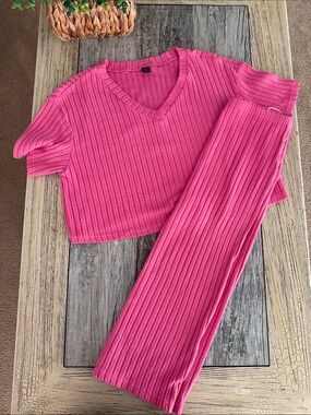 SHEIN Bright Pink Ribbed V-Neck Crop Top with matching skirt